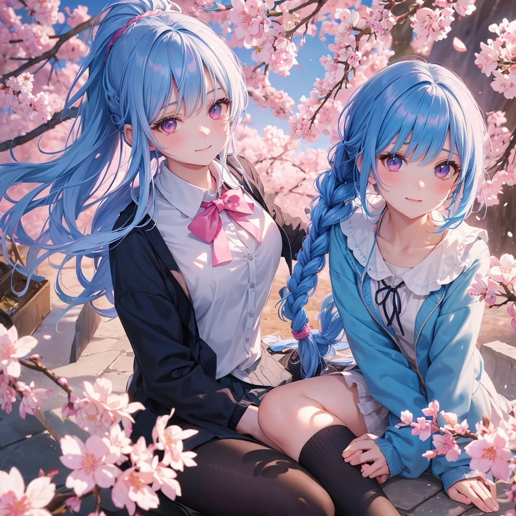 Sky blue hair, Braided Ponytail,(Pink Eyes),Fair skin ,whole body,(1 Girl),Smile,spring, cherry blossoms, Knee-high socks for school, blazer, Straight bangs,(masterpiece, Highest quality, Super detailed, Best Shadow), (Detailed Background), (Beautifully detailed face), High Contrast, (Best lighting, Very delicate and beautiful), ((Cinematic Light)), colorful, Hyper Detail, Dramatic Light, Intricate details,sunshine,Leaning forward,high quality,