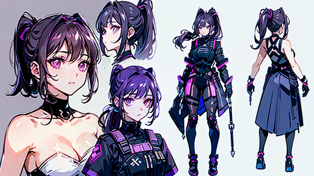 reference sheet, model sheet,(multiple views, [from behind|from side|from front|close-up|upper body|portrait]:1.2),One girl,human, Dark hair with purple strands, Ponytail, purple eyes, black outfit,wearing bulletproof vest,background white, masterclass,masterpiece,8k,clean.