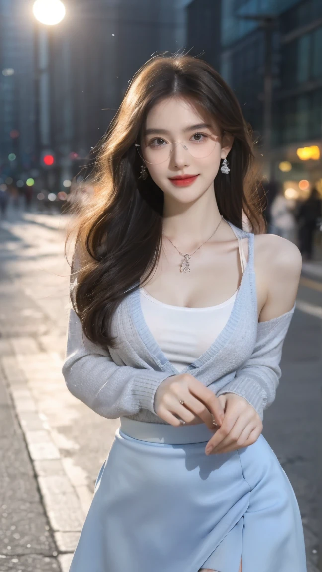 (Canon RF85mm f/1.2), (8K, original photo, best quality), (masterpiece), (Practical, photograph Practical), (Extremely detailed, High Detail, Best image quality, Very detailed, high resolution, Very detailed, Extremely detailed的描述, very good, Extremely exquisite and beautiful work), Beautiful and delicate girl, whole body, ((Perfect body)), ((Cardigan,Wedding dress)),((Blue Skirt)) ((Pantyhose)), ((Bud)),Very detailed eyes and face, White skin, Noble and beautiful, ((Delicate skin texture, Pores)), Perfect anatomical structure, Beautiful Body, Delicate face, Lean abdominal muscles, Slim waist), Big Ass, (Large Breasts, Breast enlargement), (Soulful gaze, soulful eyes, Glowing eyes), (Beautiful clear eyes), (Bounce Curly Messy Long Hair), (Smile:1.2), (Fascinated expression), (Beautiful appearance), ((wear glasses)), earrings, necklace, ((night)), ((Street View, moonlight)), Physically Based Rendering, Realistic lighting, ((Looking at the audience)), ((eternal)), ((Happy and shy))