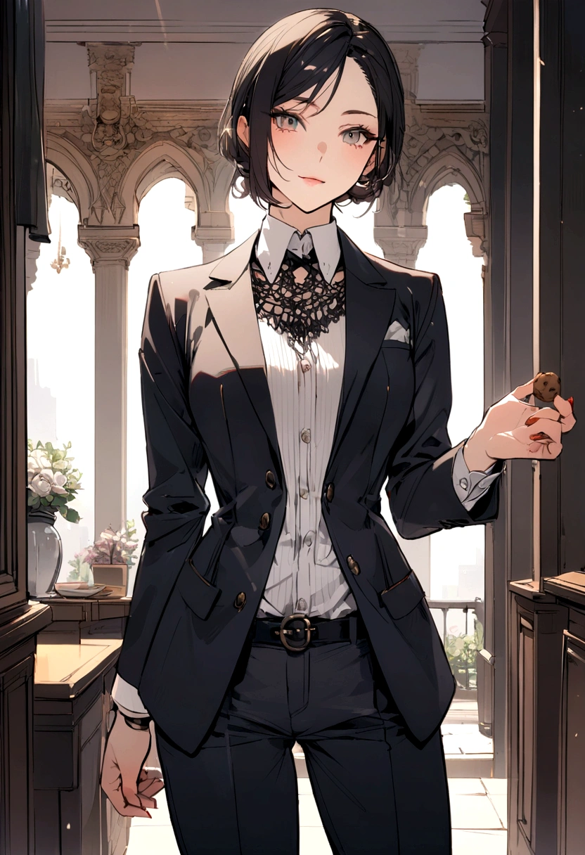 (Masterpiece, Best Quality, Ultra High Resolution , Digital Art,Beautiful and Aesthetic )Perfect proportions of the body especially the hands , not an ordinary perspective . .the whole body is covered by clothes. (strict posture , One Fashionable adult girl with a short oblique bob, slender figure, expressive and dominating look ) in modern men's suit in youth style , matte black color , lovely thin white but long tie , (silk thick threads of red color connect the necklines on the sides of the whole suit) , . The character sits on a large massive sofa with lots of leather and metal patterns on it in vintage style , an interesting and atmospheric pose that characterizes the character ,(Photorealistic style combined 2.5D . Realistic picture , realistic anatomy , beautiful perspective . Best image quality , depth , pastel color , Natural shading , focus on the face , Big Hair ( black with red gelding ) , well detailed eyes , detailed background in modern boudoir style . )