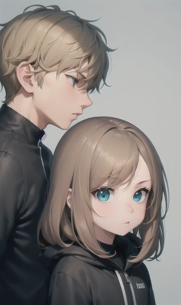 Boy in black jacket,facing a girl in a blue sweatshirt.

The boy light brown hair and green eyes, the blonde haired girl with brown eyes.

The shot that is in profile 