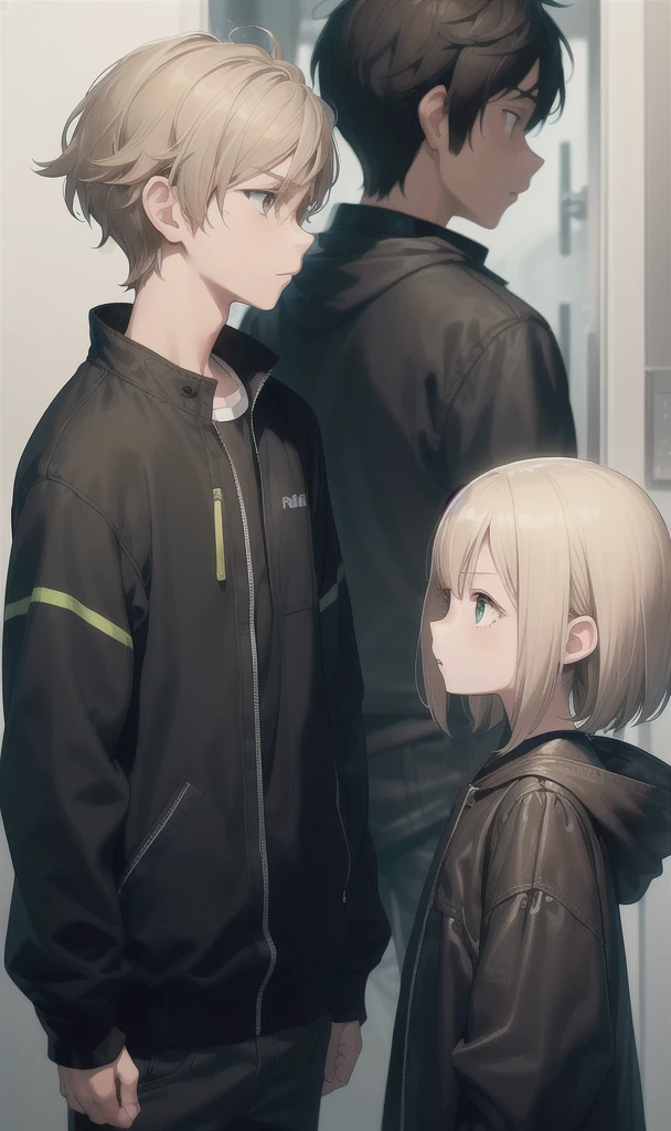 Boy in black jacket,facing a girl in a blue sweatshirt.
The boy light brown hair and green eyes, the blonde haired girl with brown eyes.
The shot that is in profile
