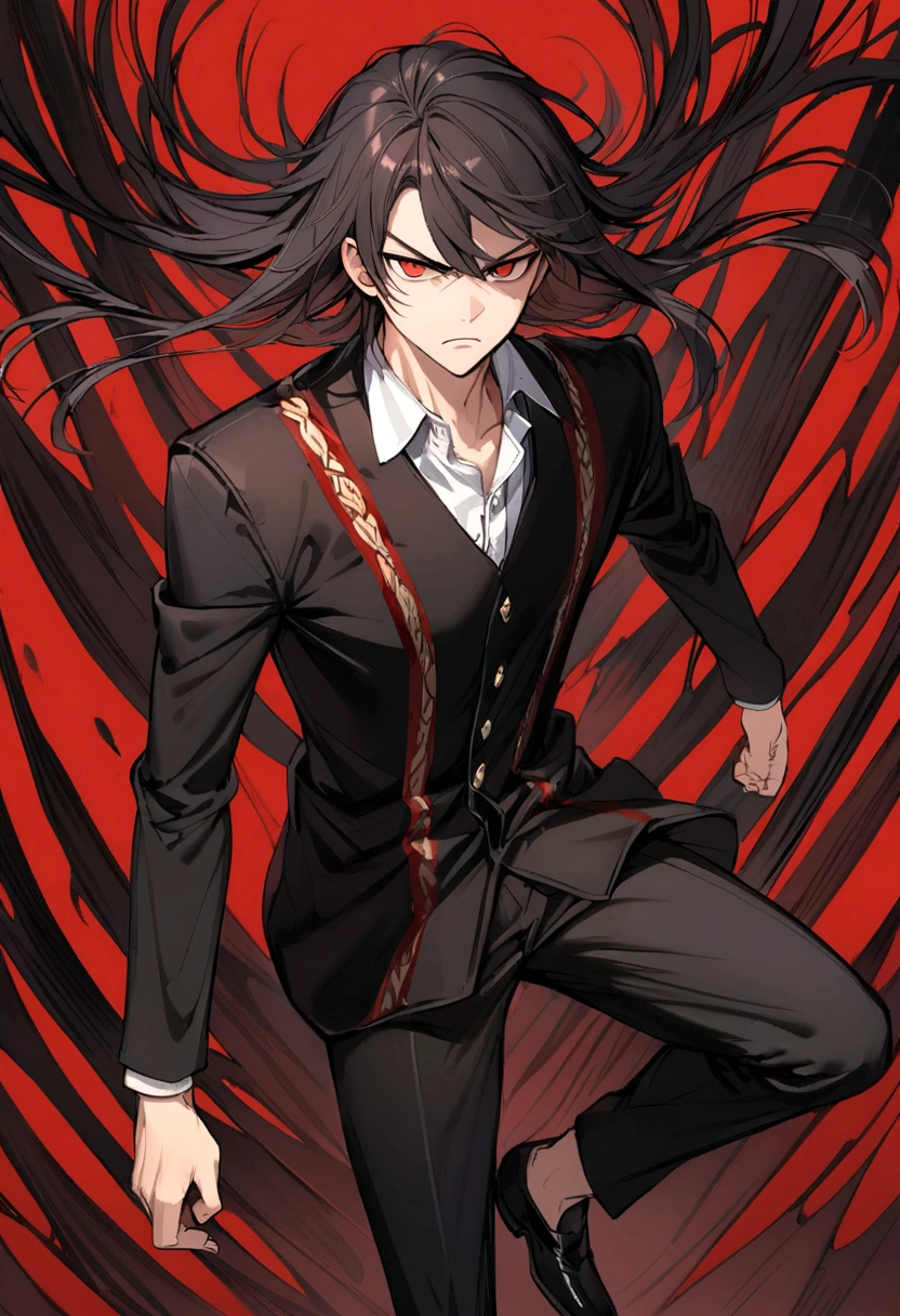 Teenage boy, serious face, tidy hair, Medium length hair, black hair with red stripes, dark red eyes, white school shirt, black school blouse, dark brown pants, black dress shoes
