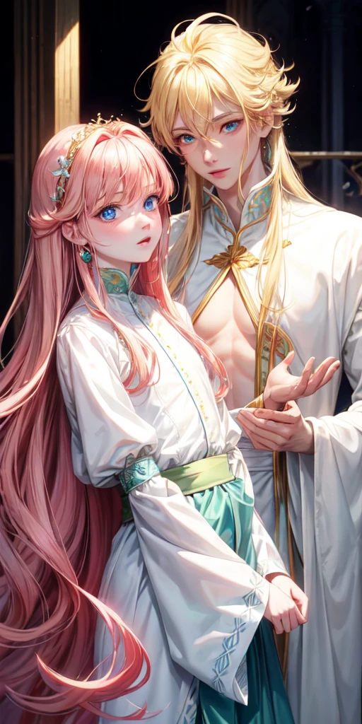 Prince with blonde hair and blue eyes, white skin and a red-haired princess with green eyes and white skin