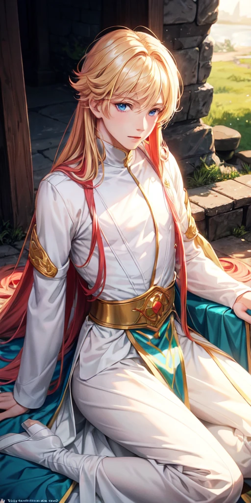 Prince with blonde hair and blue eyes, white skin and a red-haired princess with green eyes and white skin 