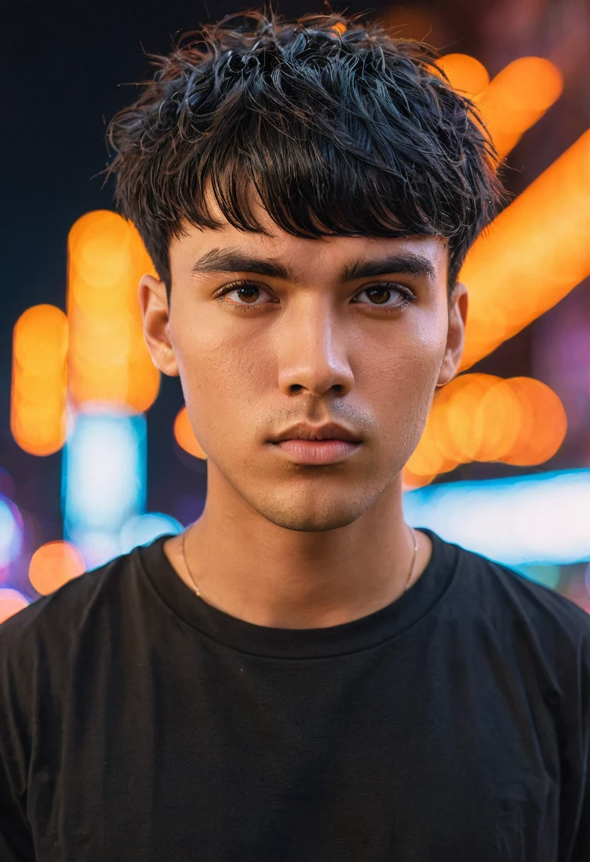 portrait closeup, low angle shot, of a young man with short black hair and messy bangs, medium skin tone with neutral undertones, serious expression, Oval face, dressed in an oversized black t-shirt, detailed portrait, futuristic city background with orange neon lights, cinematographic lights, shadows