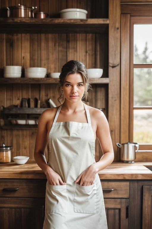 Beautiful woman, Hayley Atwell, wearing a (naked-apron), beautiful legs, (long curly hair), detailed eyes, (detailed realistic face), blush, confident smile, covered in flour, highly detailed, modelshoot style, (extremely detailed CG unity 8k wallpaper), (whole body shoot::1.4) photo of the most beautiful artwork in the world, kitchen, fashion top model, trending on ArtStation, trending on CGSociety, Intricate, High Detail, Sharp focus, dramatic, photorealistic painting art by midjourney