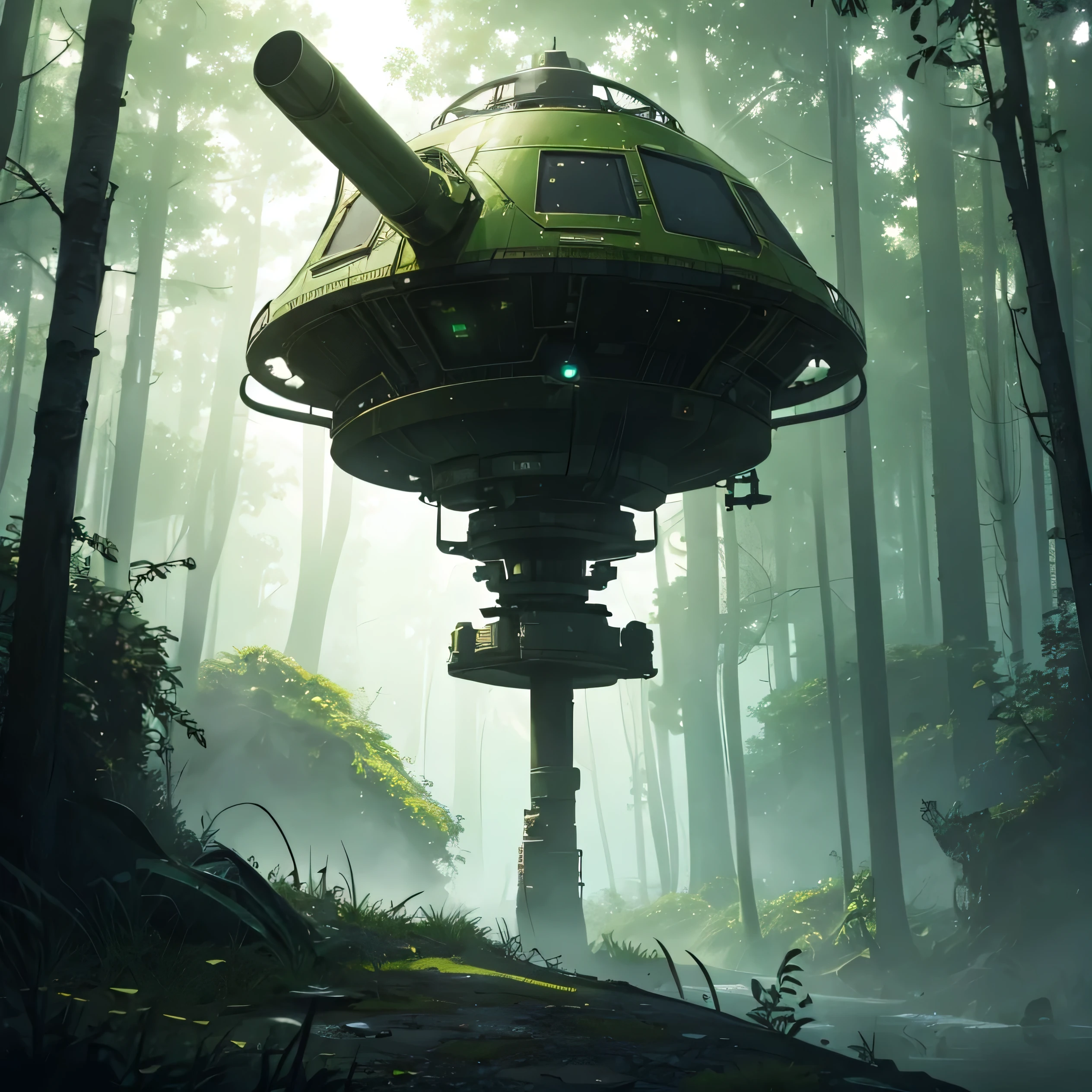 Unidentified spacecraft, murky, verdant exoplanet