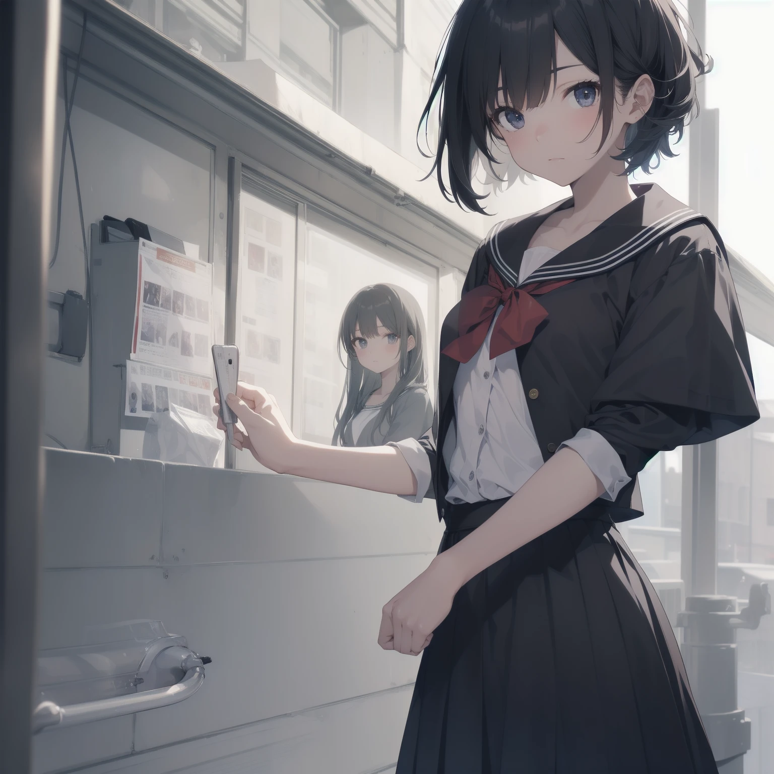 ultra-absurdres-Top quality by artist God, ultra-detailed, high resolution, anime moe artstyle, best anime 8k konachan wallpaper, pixiv contest winner, pool:2810, perfect anatomy,break, 1girl, (Please draw a girl walking sleepily to school alone. )break,(Solo,little female, 13-year-old:1.3),Full limbs, complete fingers,a junior high school student, (very short hair), short cut, flat chest, , small butt, small black eyes, beautiful detailed eyes, well-proportioned iris and pupils, expressive eyes, highres detailed hair, soft expression, salor school_uniform, sailor collar, serahuku, bow, pleated skirt,(Detailed Lighting), (Detailed background), in the School commute route. break,super detailed skin, Best cinematic lighting powered by famous artist, 8k,beauty illustration,photoshop_(medium),very aesthetic,break,((artist:toosaka_asagi )), artist:clamp ,artist:carnelian ,artist:kantoku ,