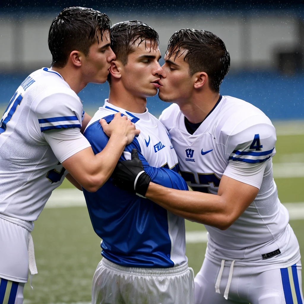 soaked twenty year old football pkayers wearing wet football uniforms with soaked hair wearing soaked uniforms. Wet shirts. Wetlook. Sensual. Kissing. Homosexual. Wet clothed.