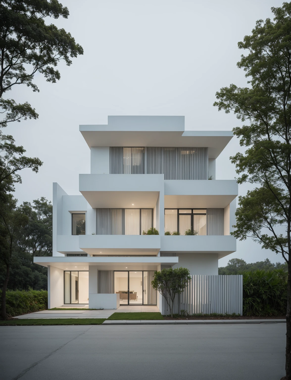 RAW photo, Exterior of two story white modern house, road, ((sidewalk)), ((sidewalk trees)), residences area, dawn time, overcast, fog, tropical trees and plants, (high detailed:1.2), 8k uhd, dslr, soft lighting, high quality, film grain, Fujifilm XT3, (sharpen:1.5)