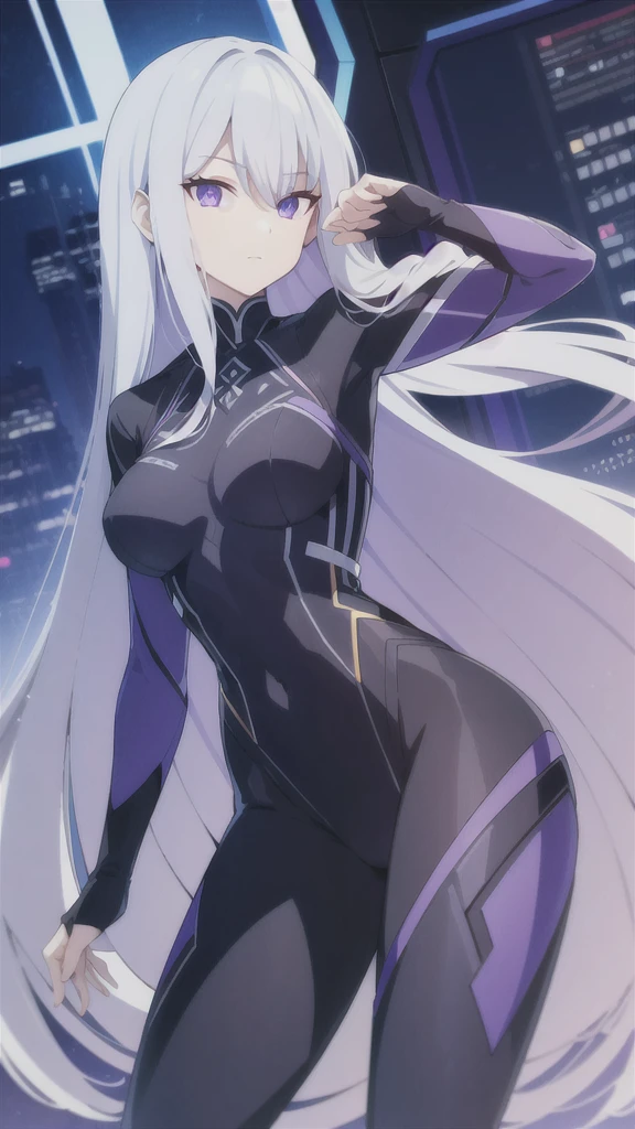 1women, long silver hair, purple eyes, best quality, Pose sexy, thor suit