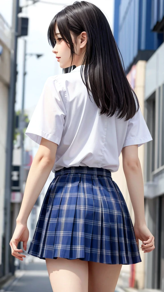 {top quality, masterpiece}, (Realistic: 1.3), (photo Realistic: 1.3), wallpapers, BREAK {{{FF7, Tifa_lockhart, solo}}},{{{Japan JK uniform, White short-sleeved shirt, Navy Blue Plaid Pleated Skirt, Dark blue short socks, loafers, see through shirt}}}, (background big city,shibuya:1.1),carry a black backpack, {{{erotic, Nogizaka idol}}}, Ultra-detailed face, Detailed eyes, Red eyes, BREAK (black brown hair, Large breasts: 1.0), BREAK About 18 years old, kawaii, sensual, looking away, Beautiful legs, {{{behind view, back hair, calf, back view}}}, {{{walking}}},