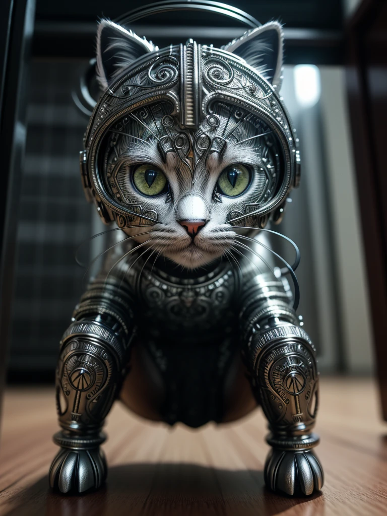 a cute kitten made out of metal, (cyborg:1.1), ([tail | detailed wire]:1.3), (intricate details), hdr, (intricate details, hyperdetailed:1.2), cinematic shot, Vignette, centered