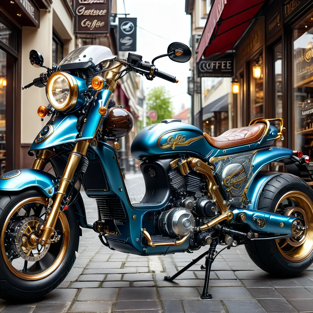 Electric motorcycle(Novel style,Unique)Close-up motorcycle( Perfect anatomical structure ) Parked elegantly on the street next to the coffee shop.Coffee shop scene masterpiece, Very detailed, Realistic original photos, Best quality, Extremely delicate texture, High-quality works by art masters