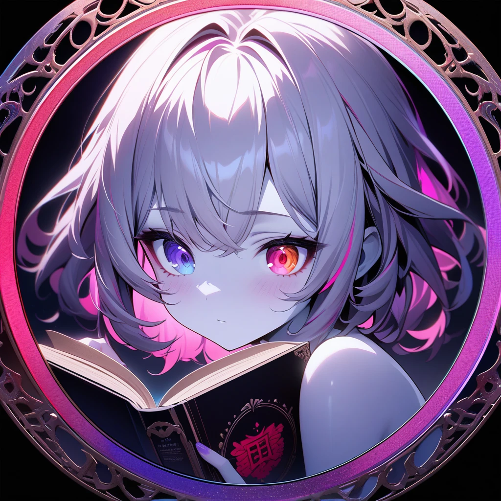 (circle frame1.7),1girl, detailed lighting, rendered, beatiful eyes, perfect hair, detailed face and body))), (((white skin))), medium hair, heterochromia, two-color eyes, neon red eye, neon purple eye, hyper detailed sculpted hair,reading book, circle frame,