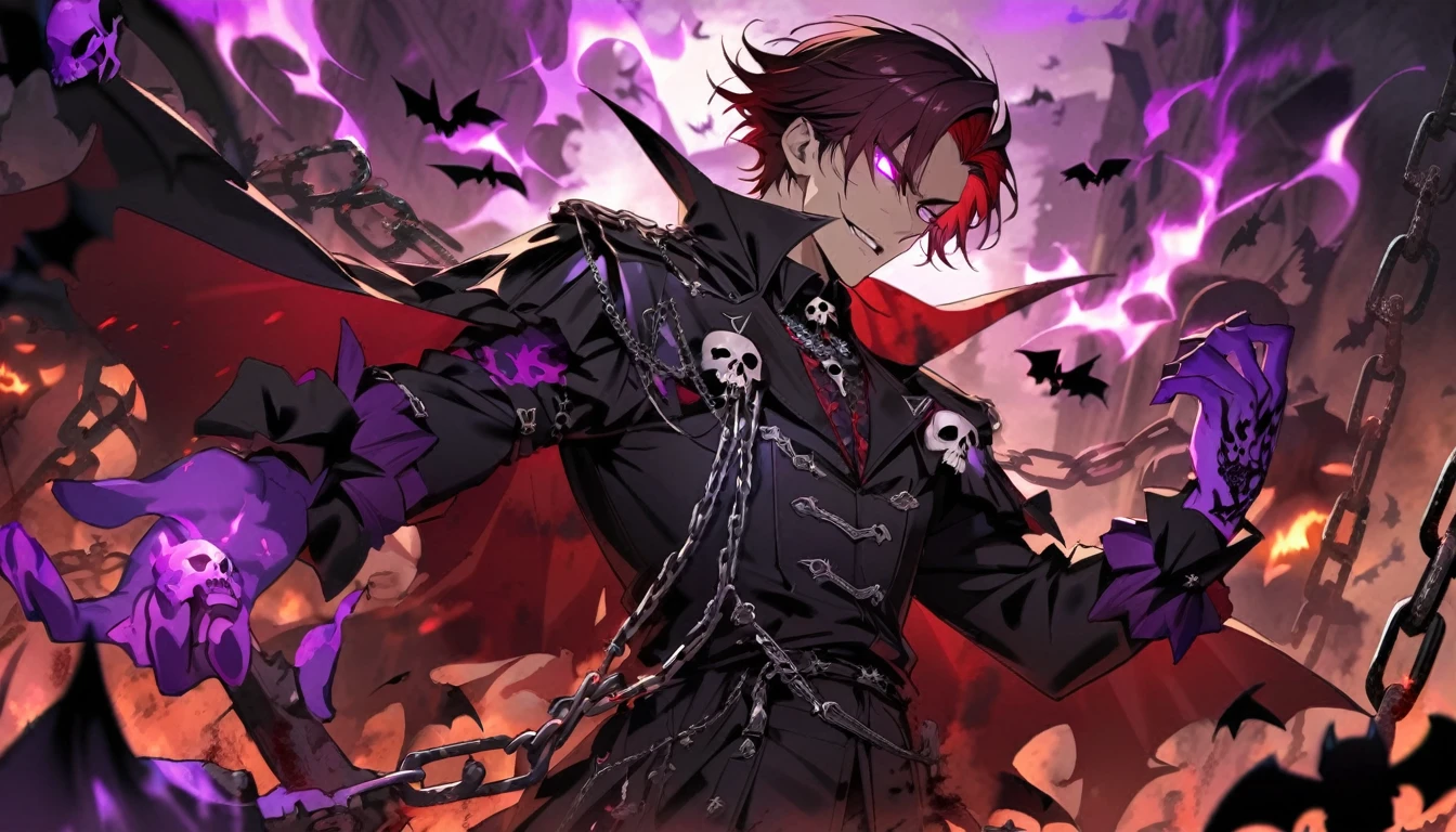 male, handsome, hell, purple flame, purple flame hand, skull, chain, tatoo, bats, bone, blood, glowing eyes, purple eyes, dark red hair, emperor dark outfit