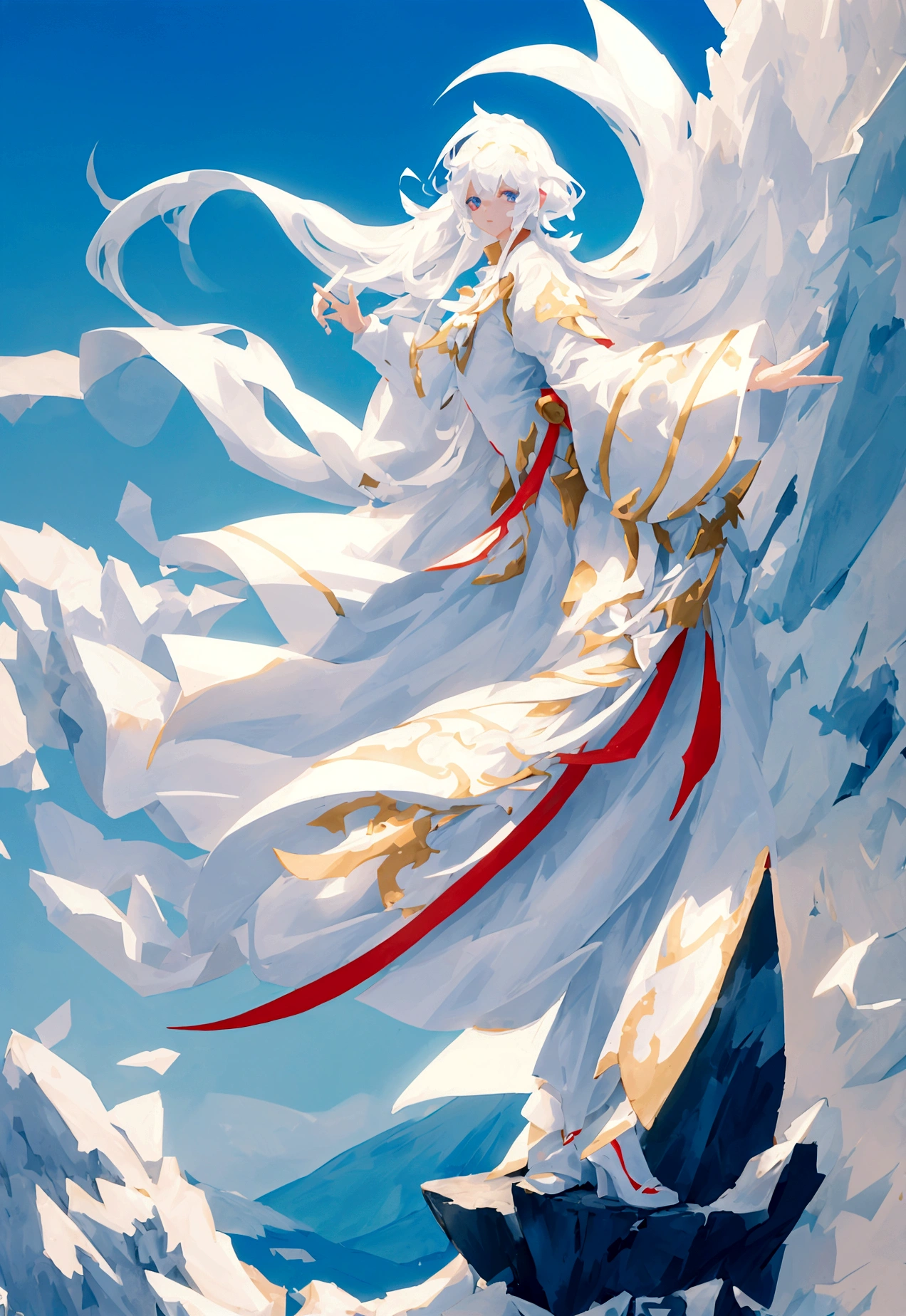 Character (woman) (white long hair) (white mage-style clothing) (character in dynamic pose) (full body) (smooth color blend) (mountain background with clear sky)