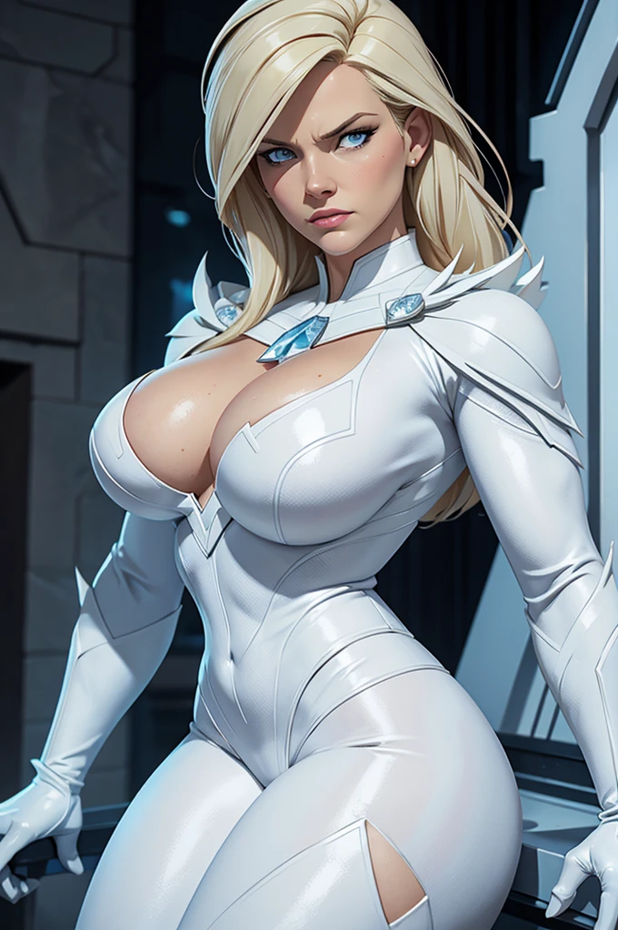 sexy, Emma Frost, Marvel, 3d art, diamond skin, milf, serious face. blue eyes. white outfit. thick thighs