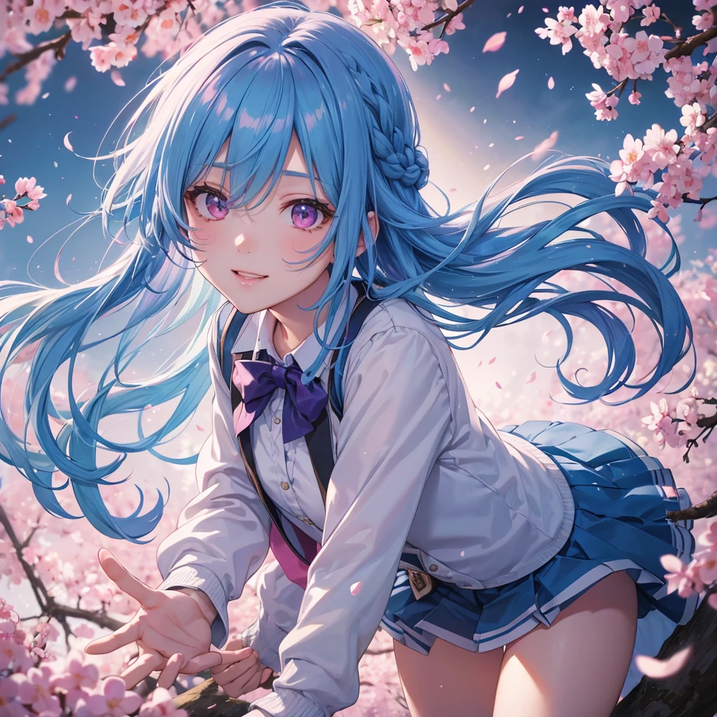 Sky blue hair, Braided Ponytail,(Pink Eyes),Fair skin ,whole body,(1 Girl),Smile,spring, cherry blossoms, Knee-high socks for school, blazer, Straight bangs,(masterpiece, Highest quality, Super detailed, Best Shadow), (Detailed Background), (Beautifully detailed face), High Contrast, (Best lighting, Very delicate and beautiful), ((Cinematic Light)), colorful, Hyper Detail, Dramatic Light, Intricate details,sunshine,Leaning forward,high quality,