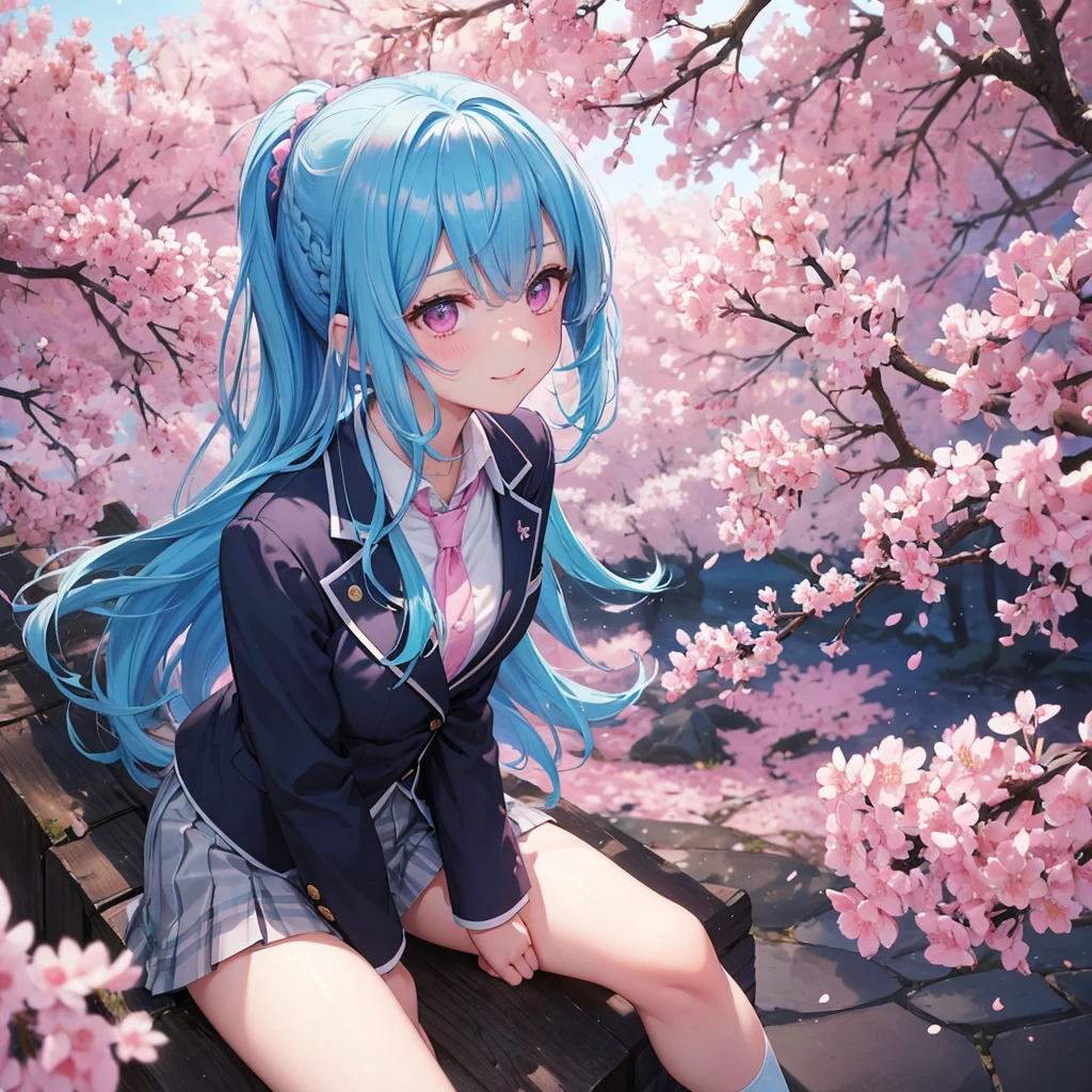 Sky blue hair, Braided Ponytail,(Pink Eyes),Fair skin ,whole body,(1 Girl),Smile,spring, cherry blossoms, Knee-high socks for school, blazer, Straight bangs,(masterpiece, Highest quality, Super detailed, Best Shadow), (Detailed Background), (Beautifully detailed face), High Contrast, (Best lighting, Very delicate and beautiful), ((Cinematic Light)), colorful, Hyper Detail, Dramatic Light, Intricate details,sunshine,Leaning forward,high quality,
