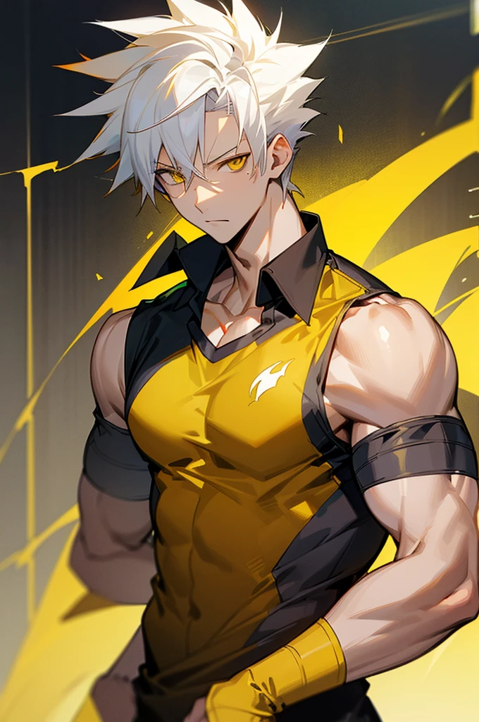 A strong man in a training room, with short white hair, sitting cross-legged and hitting his hands on his knees for training, surrounded by aura, Tyndall effect, anime art style, realistic portrait, mystic academia, radiation clusters, dansaekhwa, stones, poolcore,32k, best quality, masterpiece, super detail, high details