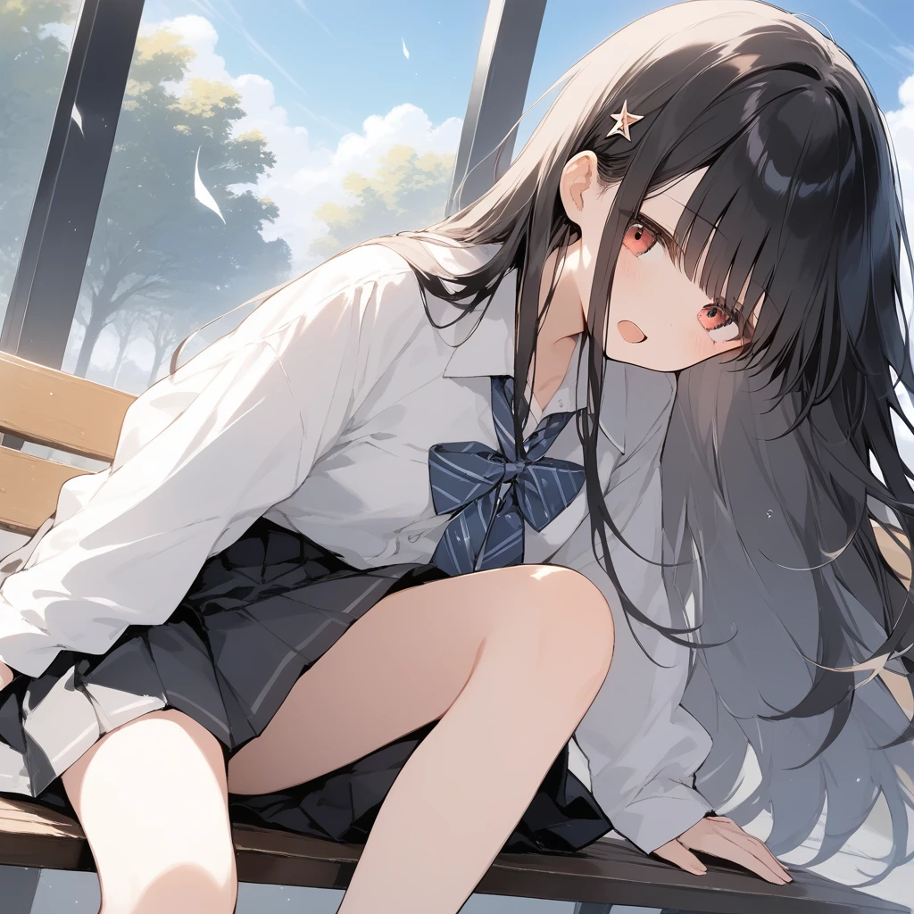 score_9, score_8_up, score_7_up, source_anime, best quality, masterpiece, official art, absurdres, highres, ultra-detailed,waifu2x,Collection: Slice of Life,break,1girl, long hair, straight hair, black hair, blunt bangs, small breasts, slender, beautiful detailed eyes, school_uniform, open mouth, (yawn:0.3), sleepily, sitting, bench, outdoors, wind, break,(clear line illustration:1.2),very high resolution, very aesthetic, super detailed skin, Best sexual lighting powered by famous artist, 8k,cute picture,beauty illustration,photoshop_(medium),,(Detailed Lighting),best anime 8k konachan wallpaper, pixiv contest winner,