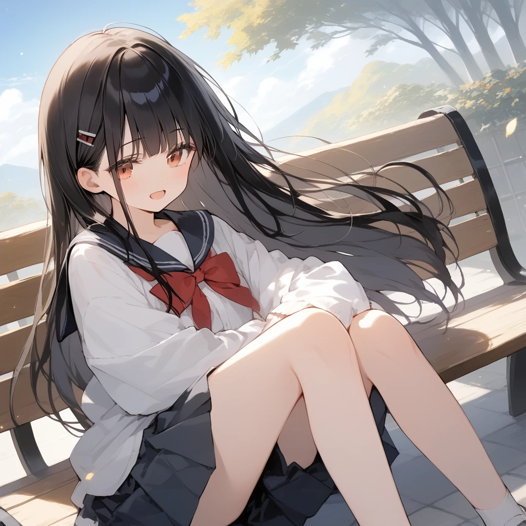 score_9, score_8_up, score_7_up, source_anime, best quality, masterpiece, official art, absurdres, highres, ultra-detailed,waifu2x,Collection: Slice of Life,break,1girl, long hair, straight hair, black hair, blunt bangs, small breasts, slender, beautiful detailed eyes, school_uniform, open mouth, (yawn:0.3), sleepily, sitting, bench, outdoors, wind, break,(clear line illustration:1.2),very high resolution, very aesthetic, super detailed skin, Best sexual lighting powered by famous artist, 8k,cute picture,beauty illustration,photoshop_(medium),,(Detailed Lighting),best anime 8k konachan wallpaper, pixiv contest winner,