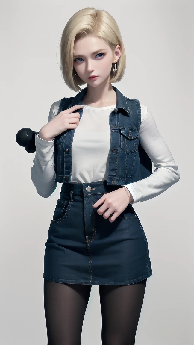 Android 18, Blonde hair, blue eyes, eyelash, earrings, short hair, earrings带, Black socks, Black shirt, 胸前的pocket, (Pantyhose)，Clive Arch, clavicle,Fierce eyes， denim, denim skirt, High waist skirt, Jewelry, Long sleeve, pocket, shirt, ((eternal)), ((Happy and shy))， shirt tucked in, skirt, stripe, stripe袖子, Vest,