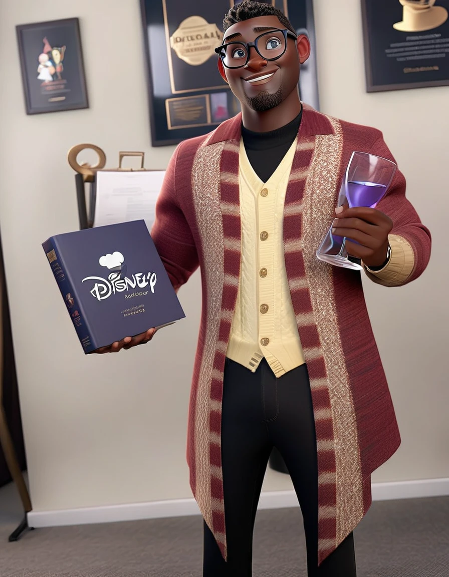 handsome black man, slim face, glasses, slim body, disney, pixar, (Pixar style), Disney style, (masterpiece:1.2), (best quality) (detailed skin) (detailed texture) (8k) (cinematic lighting) (sharp focus)