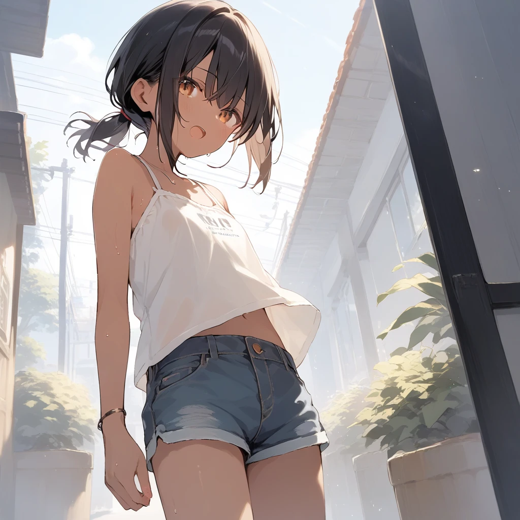 score_9, score_8_up, score_7_up, source_anime, best quality, masterpiece, official art, absurdres, highres, ultra-detailed,waifu2x,Collection: Slice of Life,break,1girl, tomboy, dark-skinned female, short hair, low ponytail, flat chest, beautiful detailed eyes, short shorts, sweat, open mouth, (yawn:0.3), sleepily, outdoors, wind, break,(clear line illustration:1.2),very high resolution, very aesthetic, super detailed skin, Best sexual lighting powered by famous artist, 8k,cute picture,beauty illustration,photoshop_(medium),,(Detailed Lighting),best anime 8k konachan wallpaper, pixiv contest winner,