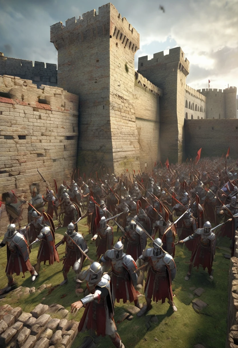 3D, zombies attacking the walls of a fortress and there are medieval Roman soldiers defending the walls, daytime. 