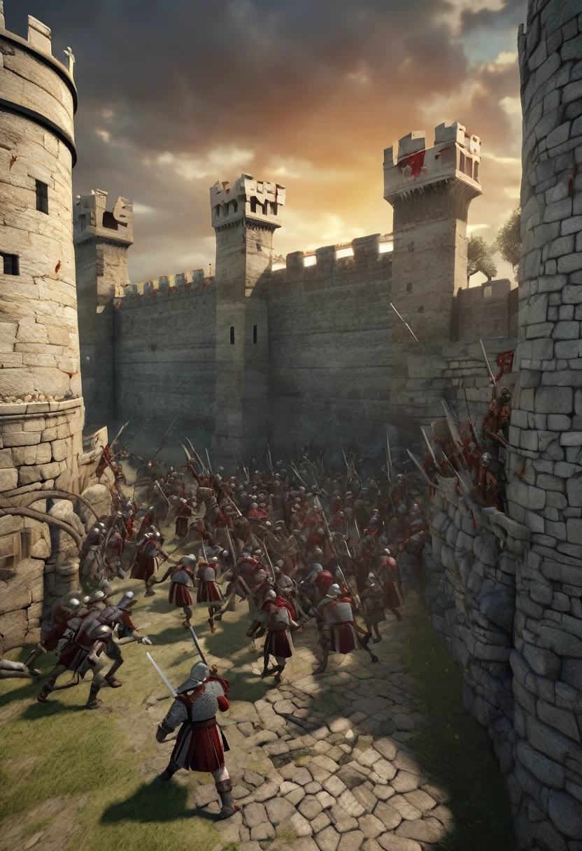 3D, zombies attacking the walls of a fortress and there are medieval Roman soldiers defending the walls, daytime. 