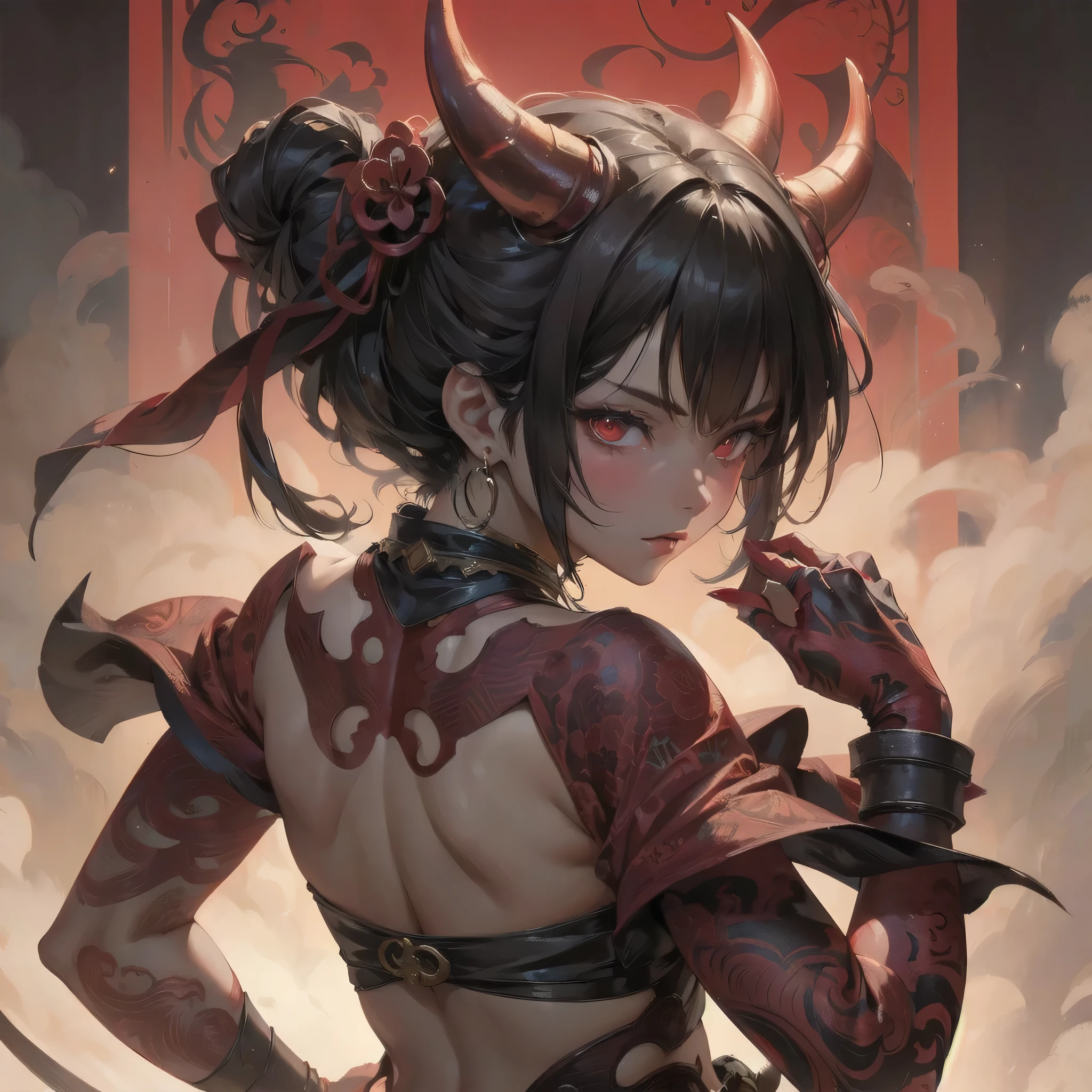  masterpiece, (textured skin), best quality, gorgeous beautiful girl, (a female oni), japanese devil,detailed clothes,large breasts,narrow waist,, (beautiful face), cinematic lighting, (fantasy anime art ),