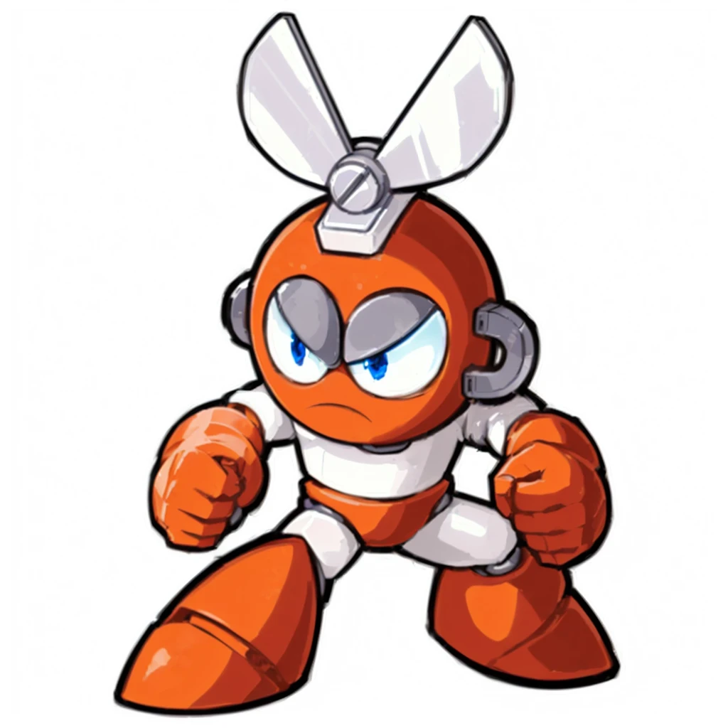cutman character, A short orange robot, with a large silver set of half-moon blades in the middle of its head, angry penetrating large blue eyes, with an evil facial expression, action pose and intricate mechanical appendages, futuristic city in a rainstorm