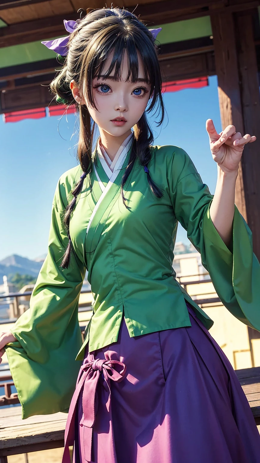 masuter piece, Best Quality, 超A high resolution, top-quality, Anime style, 1girll, Maomao, Chinese style kimono, Green outerwear, Purple long skirt, Blue eyes, Green hair