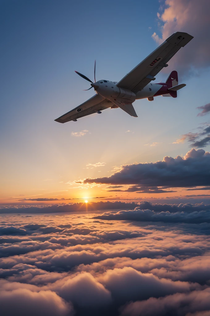 A largue shipp flying above the clouds in sunset