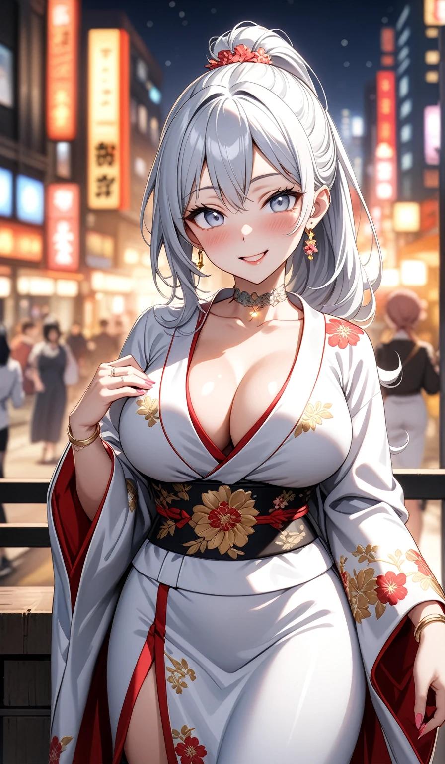 ((One personの女性)), Beautiful Face, Laughing embarrassedly, (laugh:1.2),((Wink:1.9)), (head tilt:1.3), Laugh with your mouth wide open, upper teeth, looking at viewer, ((full-face blush:1.6)),Glossy Red Lips, night, Skyscraper rooftop, firework, Glossy red lips, Shining Face, ((Anime style background)),masterpiece, Highest quality, so beautiful,up to date, Complex details, (Pink long nails),(ring),(bracelet),(Floral choker),AI-generated, Complex,High resolution, Highest quality, super high quality,3D Images、3D Images, One person, Long white hair, High Ponytail, Anime woman posing for a photo, (blue eyes), ((Fine grain、Silvery white, lightly pigmented eyes、Shining Eyes:1.5)), (Squint your eyes:1.1),a hyperRealistic , hyperRealistic , Realistic,Anime woman with long white hair, Smooth anime CG art, (A woman in a colorful kimono with gold embroidery), ((Black long sleeve kimono)),(Red floral pattern),Long flower hair ornament,Earrings,Mature Body,(Big Breasts:1.1),Tall,Abdominal muscles,Tight waist,(face focus:1.3), (front view),