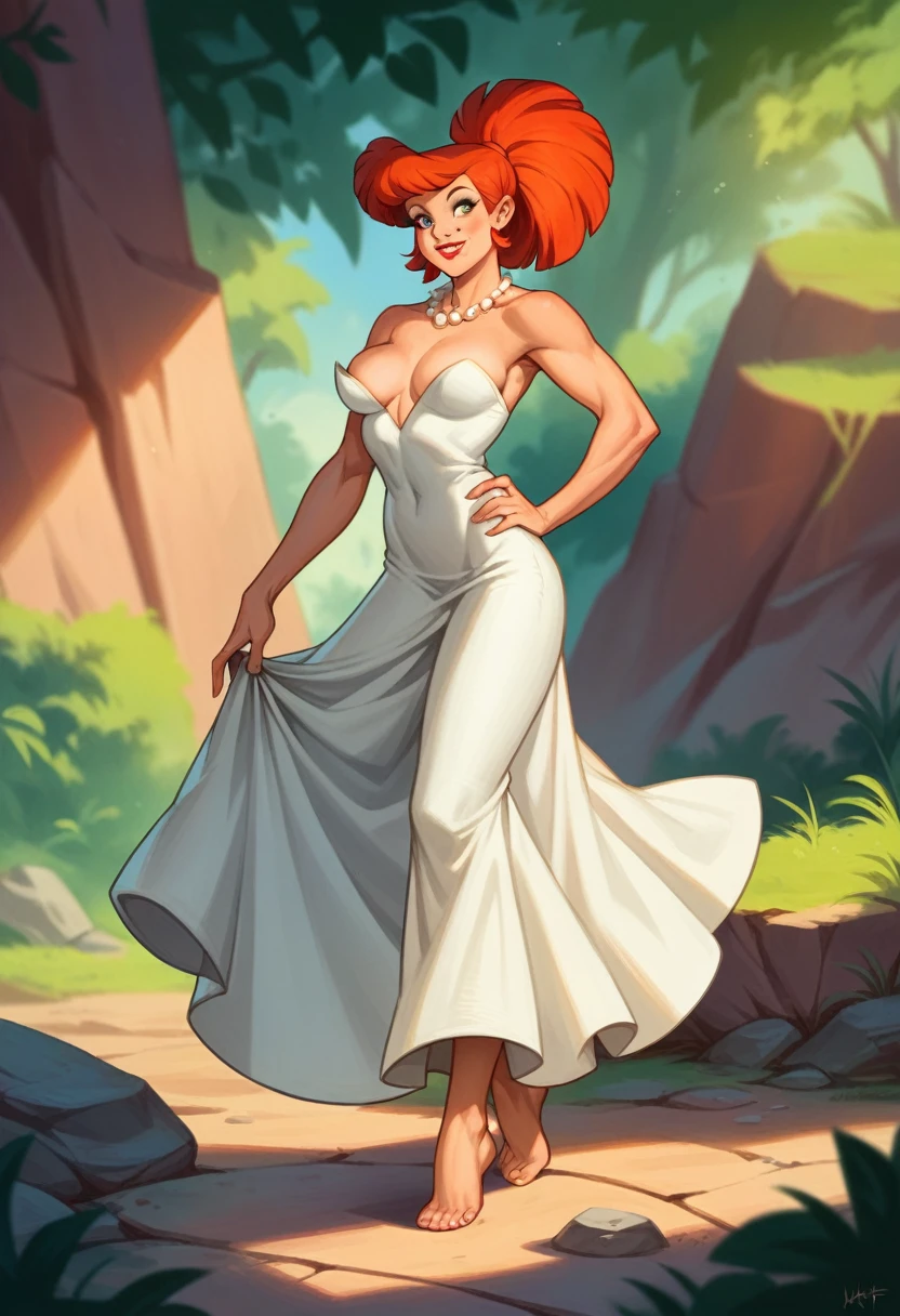 A professional ((full body) three-quarter photo) of a beautiful 35 year old woman, (Wilma Flintstone:1), red hair, ponytail, white dress, she has (((Giant Bare Breasts))) ( pearl necklace), lipstick, barefoot, smiling, finely detailed skin, detailed hair, detailed clothing texture, sharp focus, depth of field. feminine focus. bokeh:1.4, natural lighting, rock background, kkw-ph1.