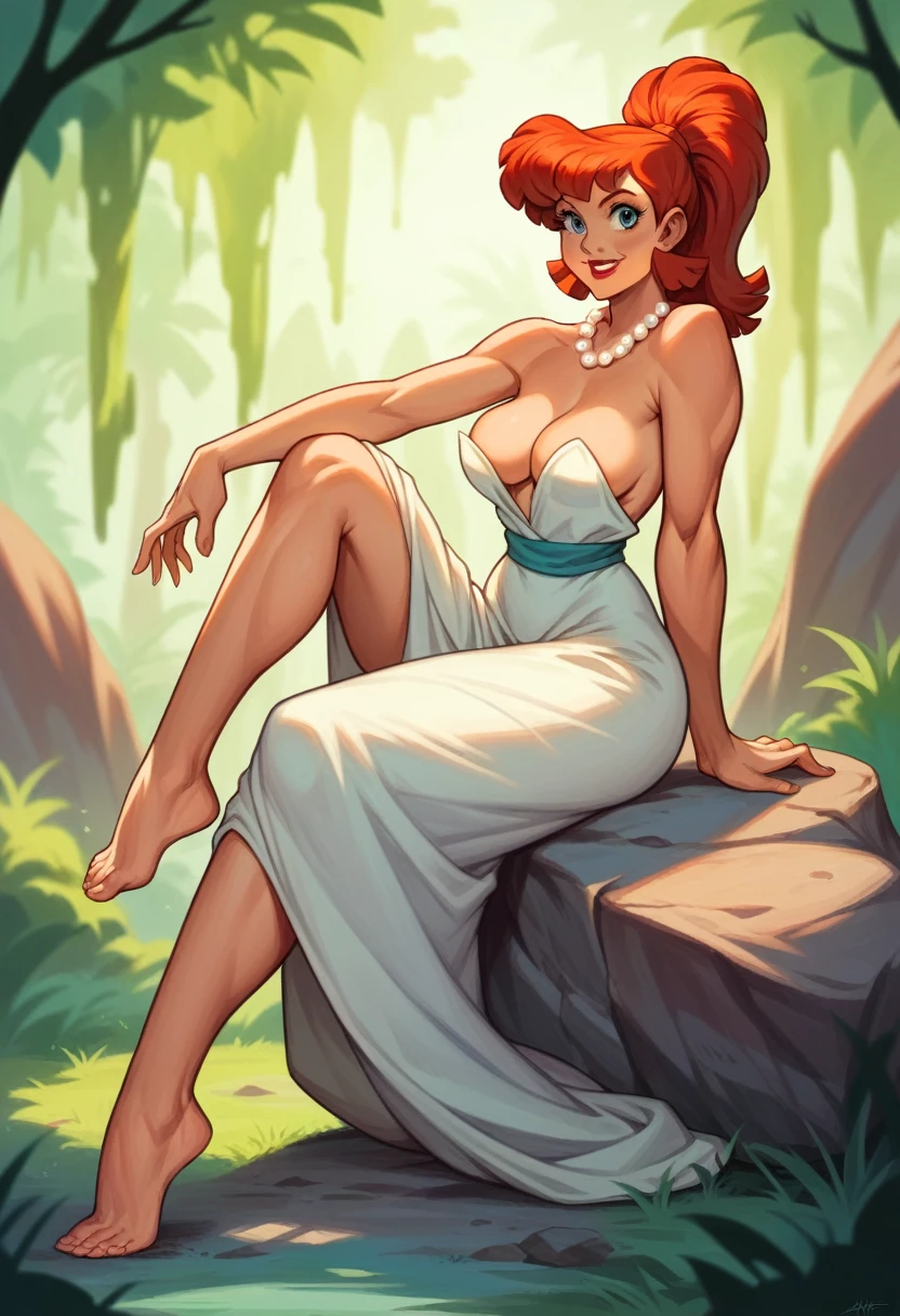 A professional ((full body) three-quarter photo) of a beautiful 35 year old woman, (Wilma Flintstone:1), red hair, ponytail, white dress, she has (((Giant  ))) ( pearl necklace), lipstick, barefoot, smiling, finely detailed skin, detailed hair, detailed clothing texture, sharp focus, depth of field.  feminine focus.  bokeh:1.4, natural lighting, rock background, kkw-ph1.