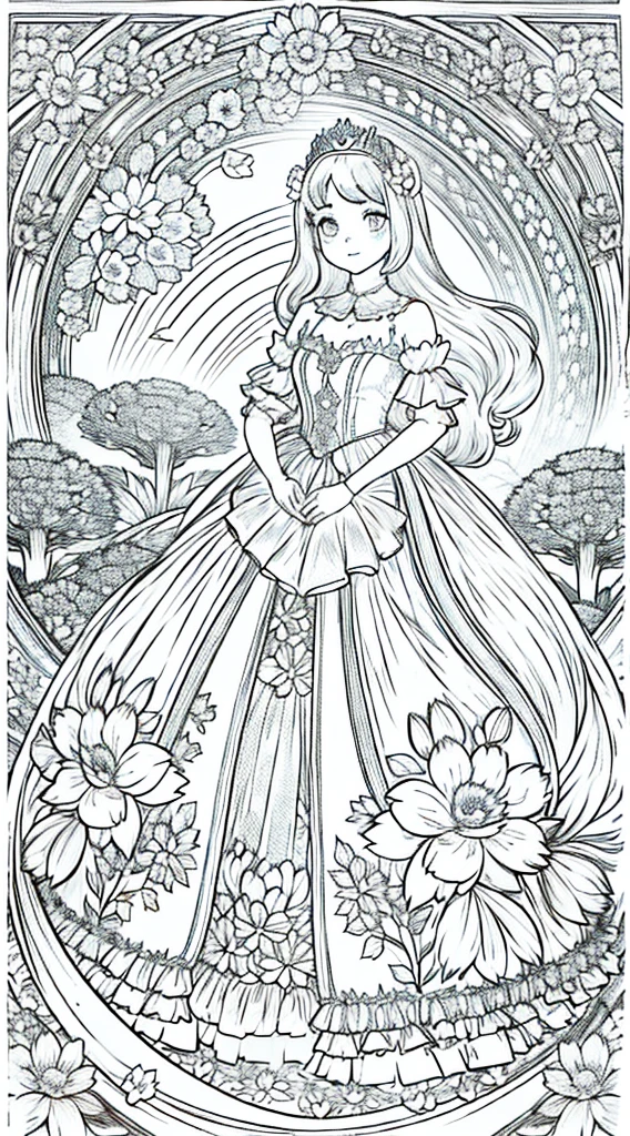 a girl, kawaii princess, standing in a magical garden, (Flower garden), shoulder length hair, full body, in the center of the camera, line art