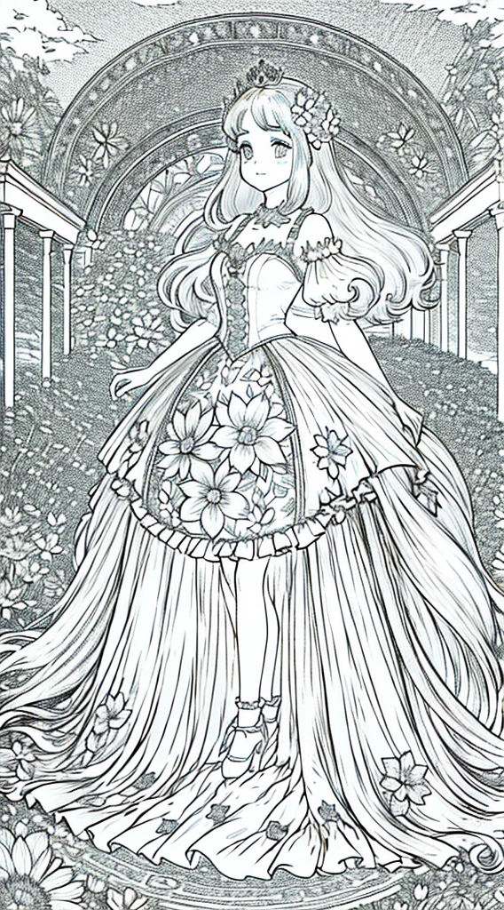 a girl, kawaii princess, standing in a magical garden, (Flower garden), shoulder length hair, full body, in the center of the camera, line art