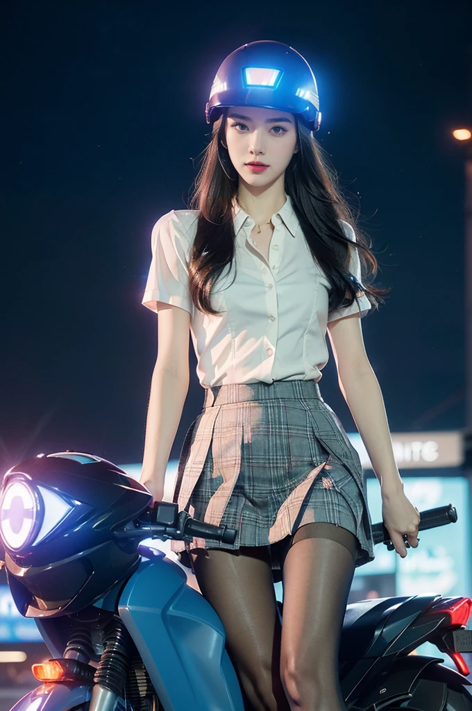 (((best quality))),(((ultra detailed))),(((masterpiece))),illustration,((1 beautiful girl,solo)),((slim,thin,small breasts,flat chest)),shoulder length straight hair,almond-shaped eyes, intense gaze, fair skin, subtle blush, full pink lips, confident smile,(white collared short sleeved shirt:1.3),Windsor knot on neck,((red plaid pleated skirt,slender legs,pantyhose)),deep blue hue, silver accents, form-fitting, low neckline, smooth skin,booties, urban scene, cyberpunk city, neon lights, tall buildings, LED signs, misty glow, dreamy ambiance, night sky, twinkling stars, electric atmosphere,(riding on a motorcycle:1.3), (safety helmet:1.3), vibrant atmosphere