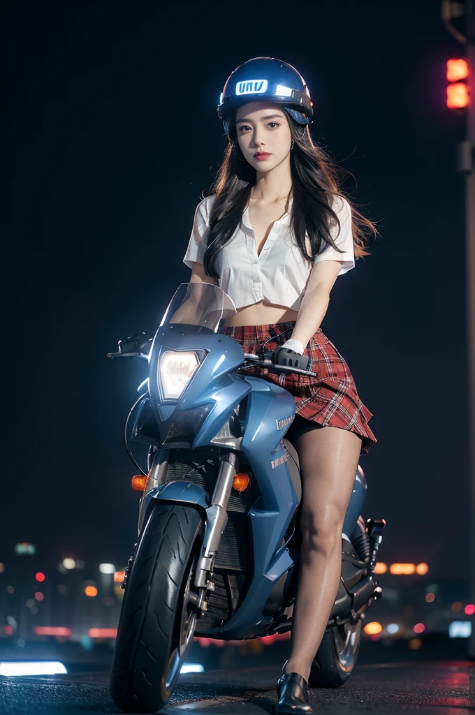 (((best quality))),(((ultra detailed))),(((masterpiece))),illustration,((1 beautiful girl,solo)),((slim,thin,small breasts,flat chest)),shoulder length straight hair,almond-shaped eyes, intense gaze, fair skin, subtle blush, full pink lips, confident smile,(white collared short sleeved shirt:1.3),Windsor knot on neck,((red plaid pleated skirt,slender legs,pantyhose)),deep blue hue, silver accents, form-fitting, low neckline, smooth skin,booties, urban scene, cyberpunk city, neon lights, tall buildings, LED signs, misty glow, dreamy ambiance, night sky, twinkling stars, electric atmosphere,(riding on a motorcycle:1.3), (safety helmet:1.3), vibrant atmosphere