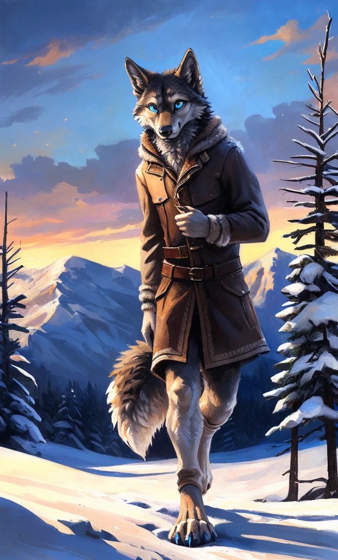 ((Solo)), male people, anthro wolf, (Multi-colored fur, White-brown:1.3,White tail pointed), (Height 2.1m,Tail length 1.2m), ((Wolf face, Big eyes, White eyelids, Blue pupil, Slim:1.2) (Tough, Calm expression:1.2)), Slim, pinging)), (Correct anatomy), (Winter clothing:1.1), The upper body naked, (detailed outfits),A long big tail,Feet,(Realistic fur, Detailed fur texture, labeled:1.3)), (Natural lighting), Photorealistic, Hyperrealistic, ultradetailed, by Kenket,Snowfield,erect through,Running on
