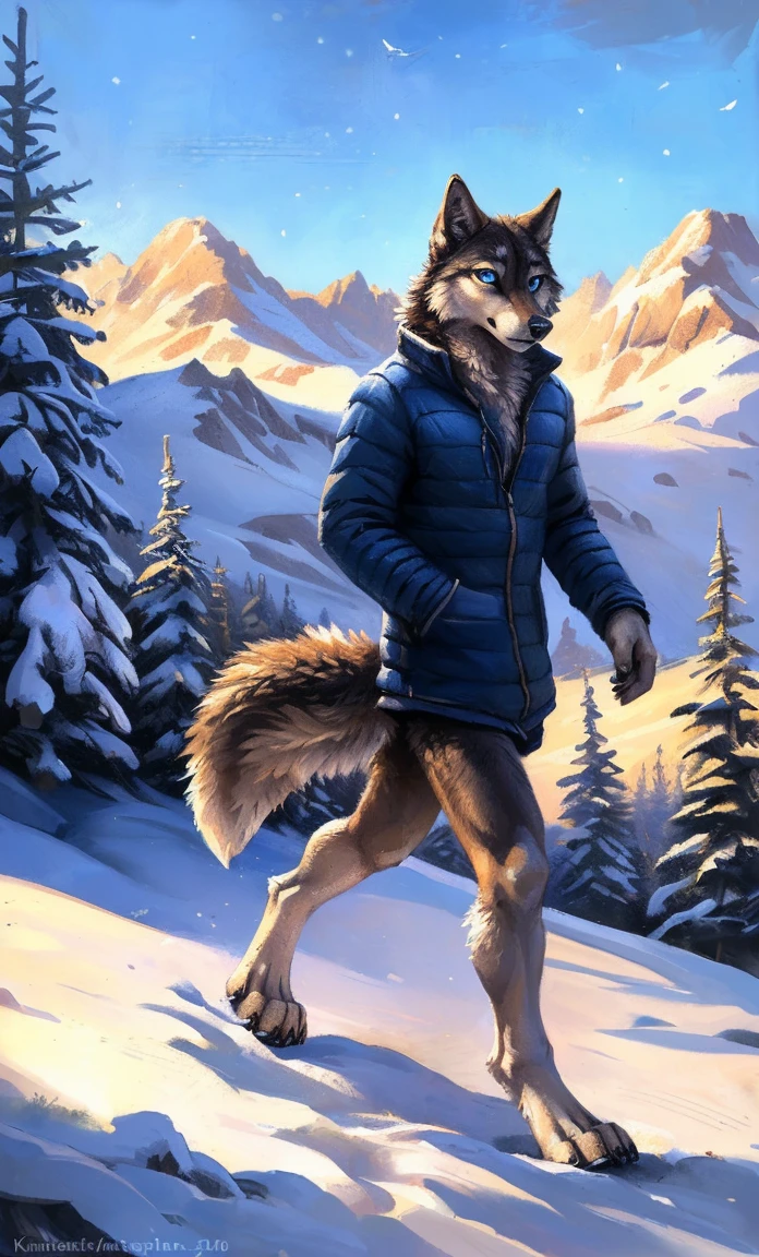 ((Solo)), male people, anthro wolf, (Multi-colored fur, White-brown:1.3，White tail pointed), (Height 2.1m,Tail length 1.2m), ((Wolf face, Big eyes, White eyelids, Blue pupil, Slim:1.2) (Tough, Calm expression:1.2)), Slim, pinging)), (Correct anatomy), (Winter clothing:1.1), The upper body  naked, (detailed outfits),A long big tail，Feet，(Realistic fur, Detailed fur texture, labeled:1.3)), (Natural lighting), Photorealistic, Hyperrealistic, ultradetailed, by Kenket，Snowfield，erect through，Running on