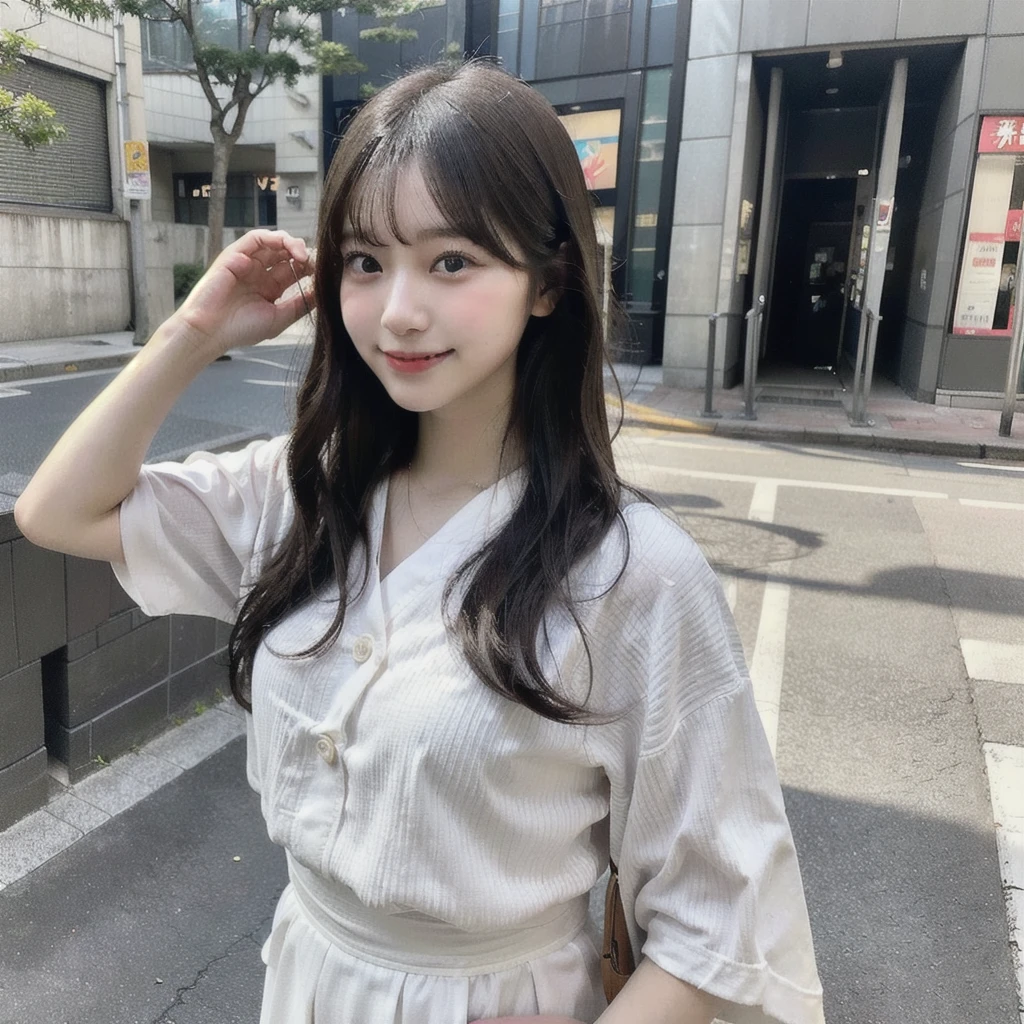 a full body Photo of a Japanese Girl on the Street in Summer. She is 24 years old as known as a member of Japanese Idol Nogizaka46 is smiling faintly. (Documentary photo Style, Digital Photo Medium, Natural Lighting, High Angle)