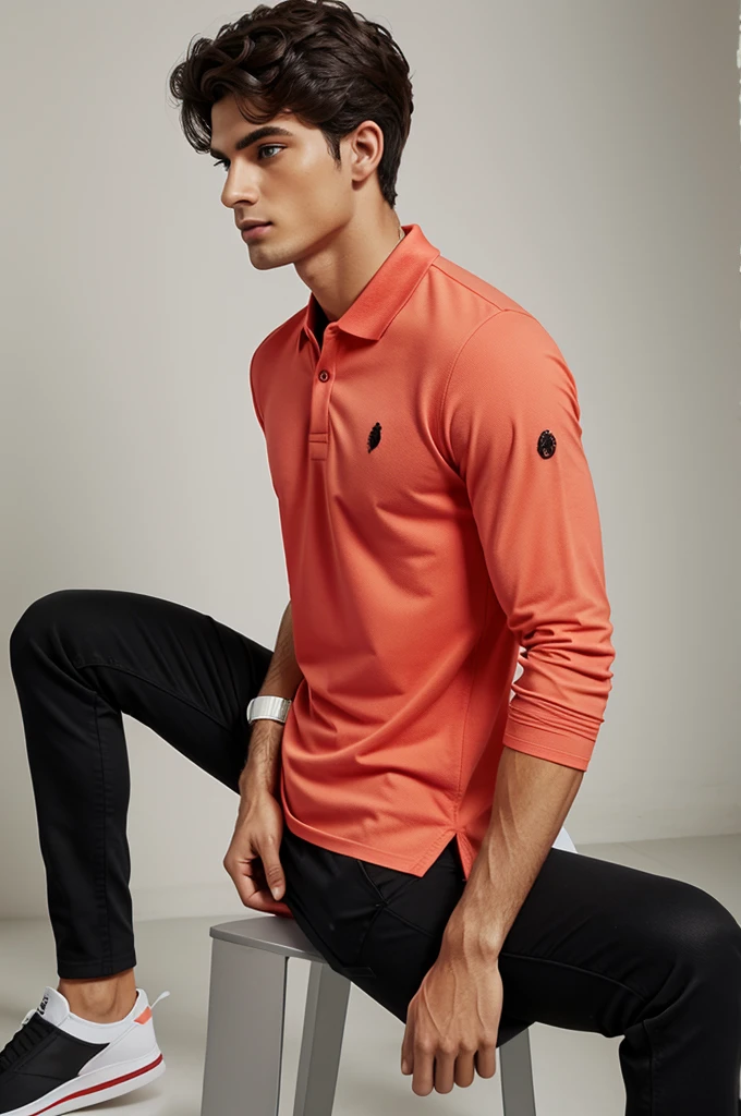 Coral polo shirt and black sleeve