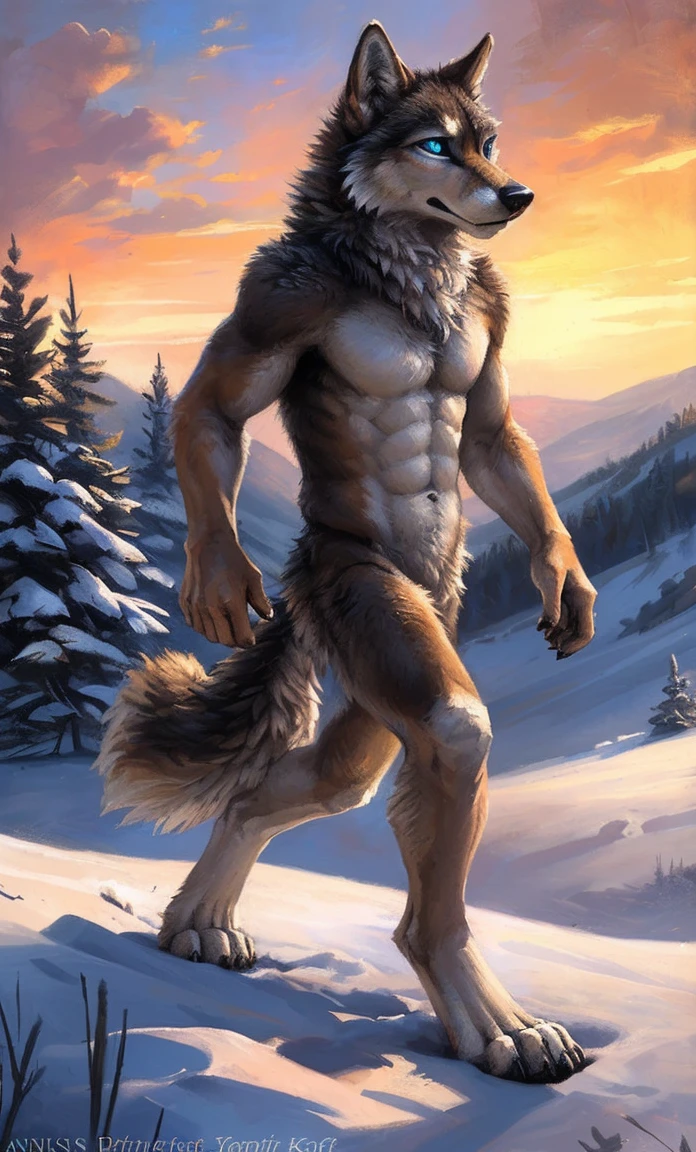 ((Solo)), male people, anthro wolf, (Multi-colored fur, White-brown:1.3,White tail pointed), (Height 2.1m,Tail length 1.5m), ((Wolf face, Big eyes, White eyelids, Blue pupil, Slim:1.2) (Tough, Calm expression:1.2)), Abs, Slim, pinging)), (Correct anatomy), Naked all over the body,A long big tail,Feet,(Realistic fur, Detailed fur texture, labeled:1.3)), (Natural lighting), Photorealistic, Hyperrealistic, ultradetailed, by Kenket,Snowfield,No artifacts, Running on