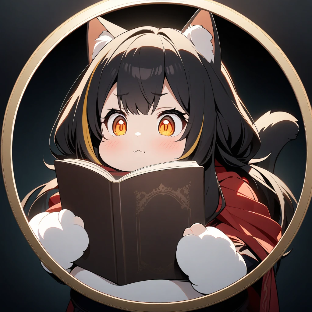 (circle frame1.7),1girl, detailed lighting, rendered, beatiful eyes, expressive eyes, detailed eyes, perfect hair, detailed face and body))), black hair, streaked yellow hair, ((long hair)), orange eyes, cat ears, ((fat fluffy cat tail)) serious, red cape,,reading book, circle frame,